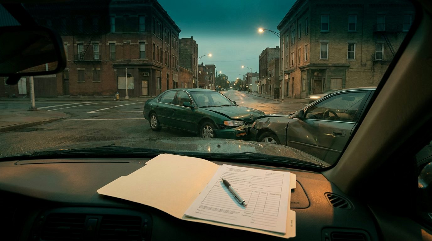 A quiet intersection at dusk seen past a claim folder on a car dashboard
