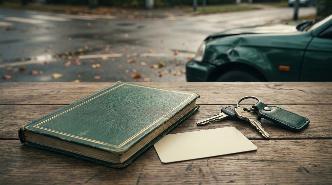 An auto insurance policy booklet, a blank insurance card and car keys on a table