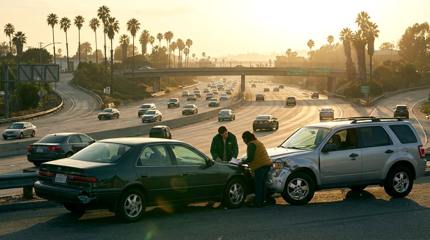 A California freeway interchange at golden hour with palm trees