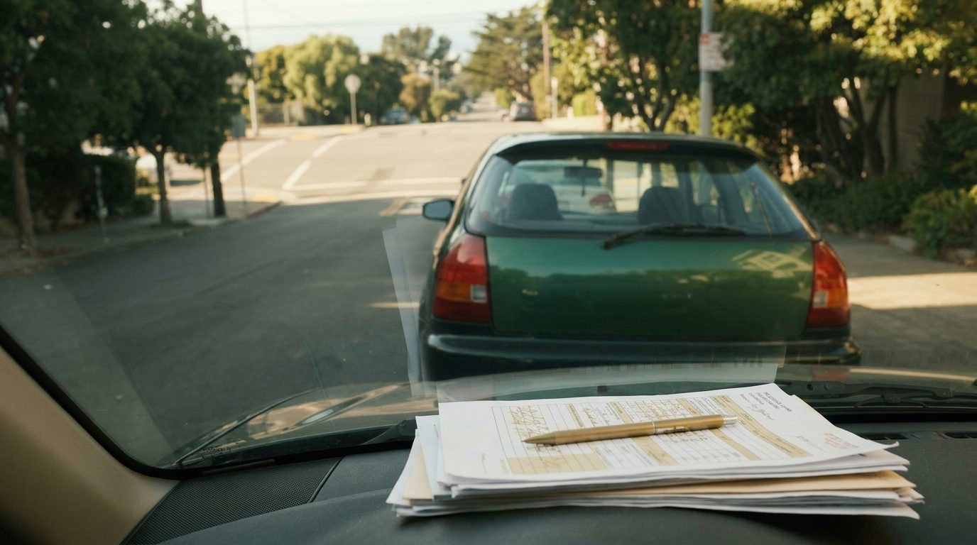 A repaired compact hatchback parked on a sloped California street