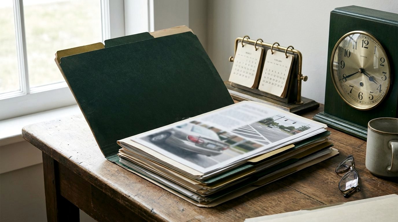 An insurance claim folder on a desk beside a desk calendar and a wall clock