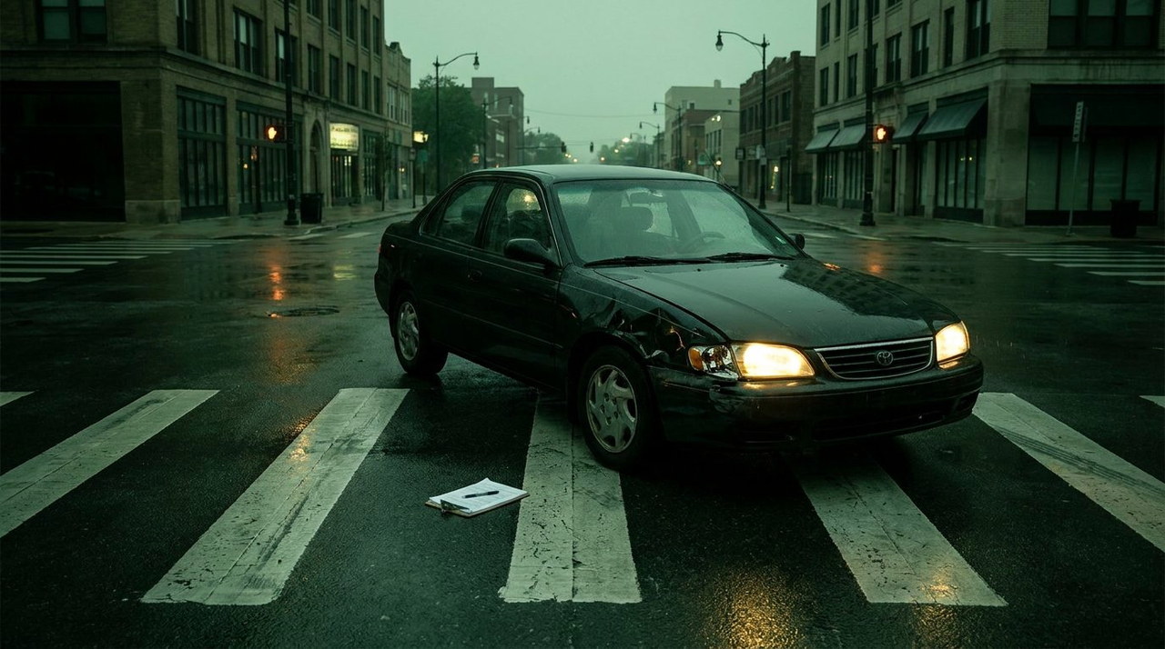 An empty city crosswalk at dusk with a car stopped past the white stripes