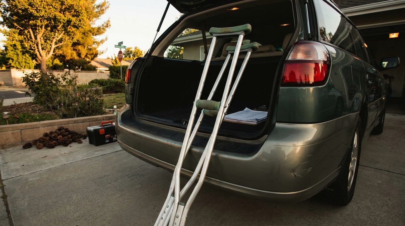 A pair of crutches leaning against the open rear door of a parked car