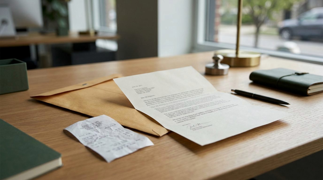 A folded typed letter beside a large envelope and a postal receipt