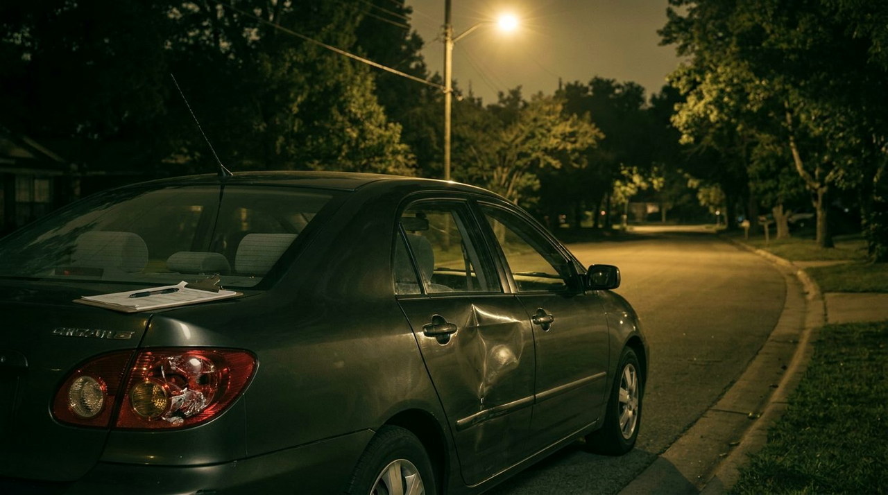 A parked sedan with a dented rear door and a cracked tail light on a quiet street at night