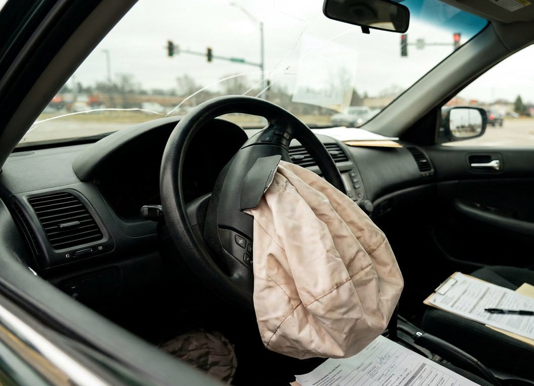 A deflated airbag hanging from a steering wheel after a minor crash