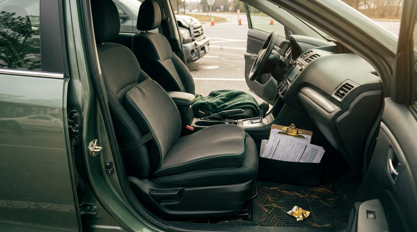 A car driver seat with a lumbar support cushion, seen from the open door