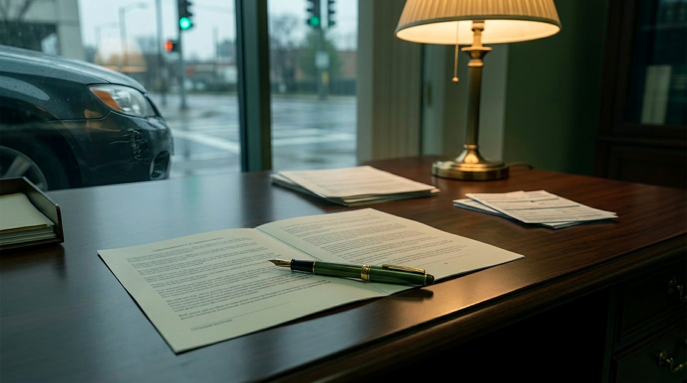 A two-page agreement with a fountain pen resting on it under a desk lamp
