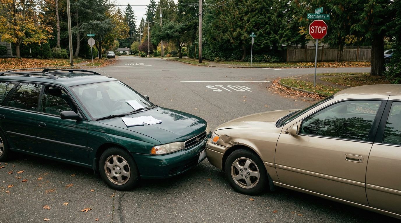 Two cars stopped at a four-way stop after a minor corner bump