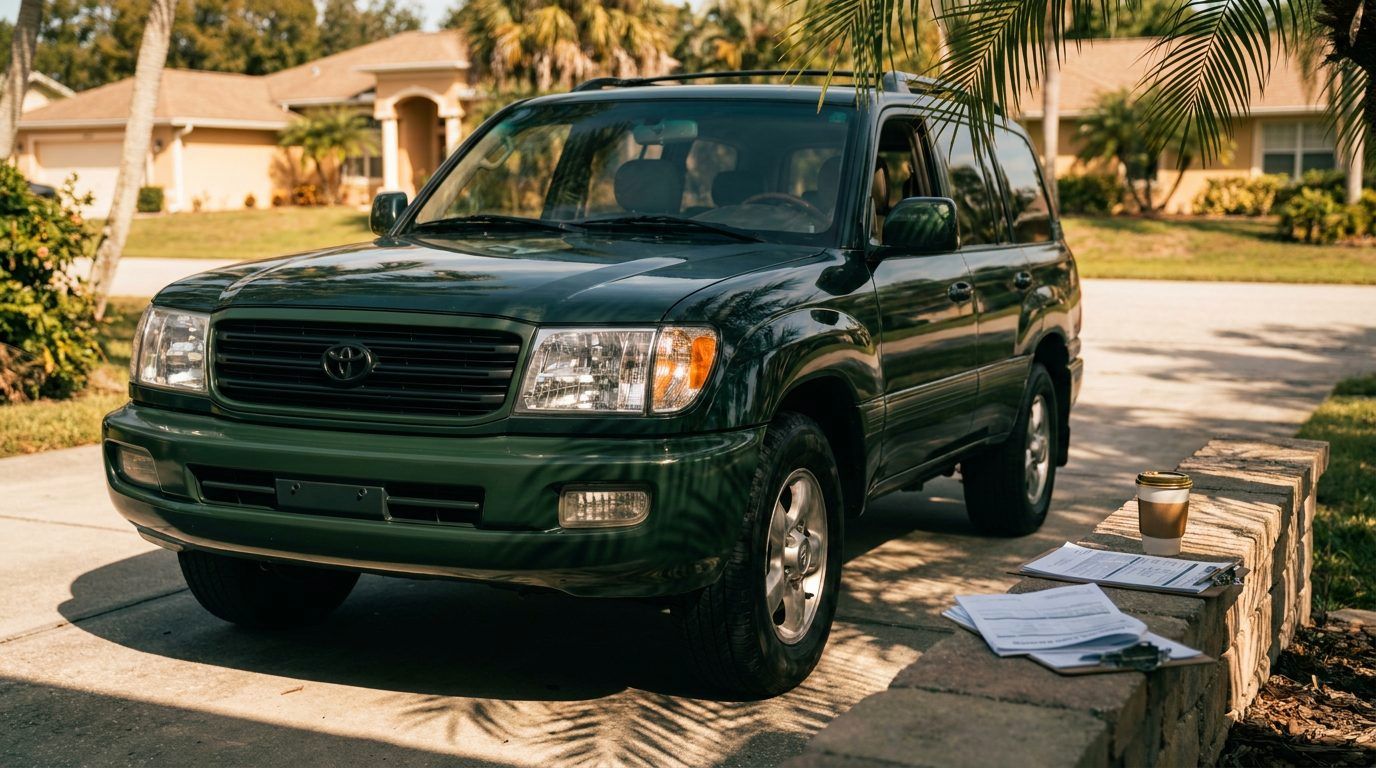 A repaired SUV parked in a Florida driveway with palm shadows