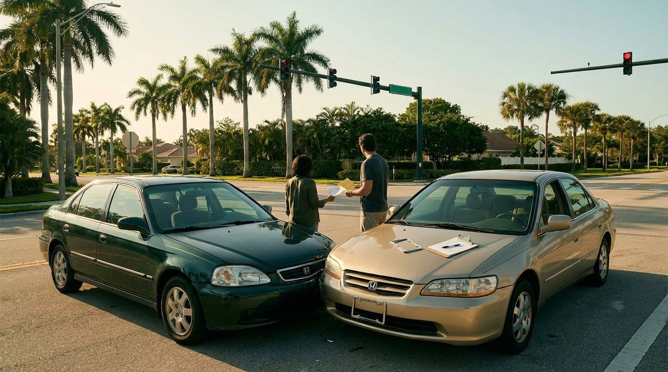 A sunny Florida intersection with palm trees and two cars at a signal