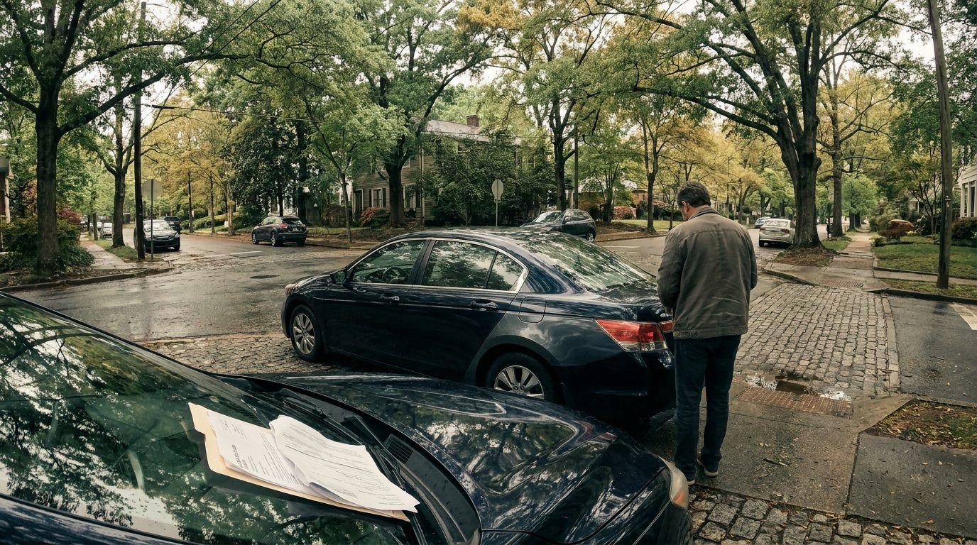 A repaired dark sedan parked on a tree-lined residential street