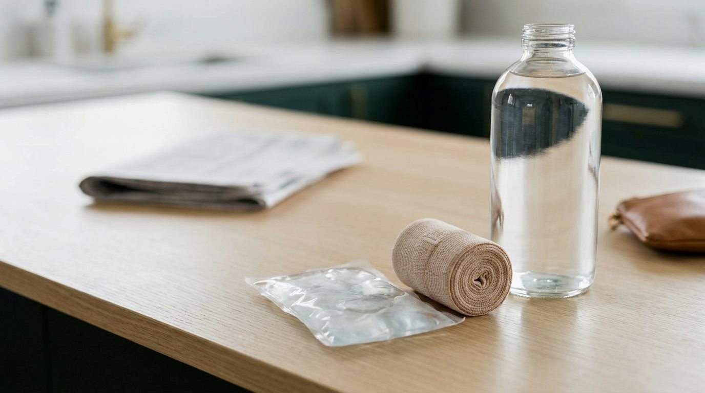 An ice pack, a rolled elastic bandage and a bottle of water on a counter
