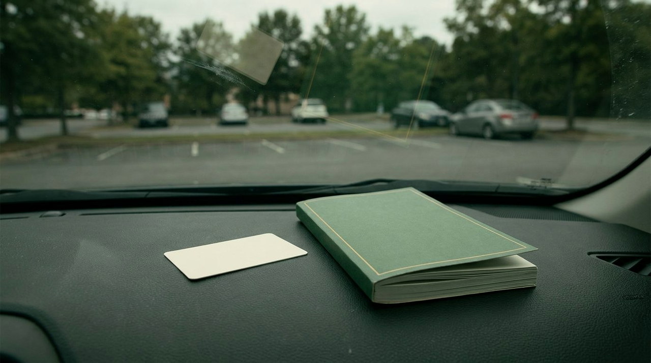 An auto insurance card and a folded policy booklet on a car dashboard