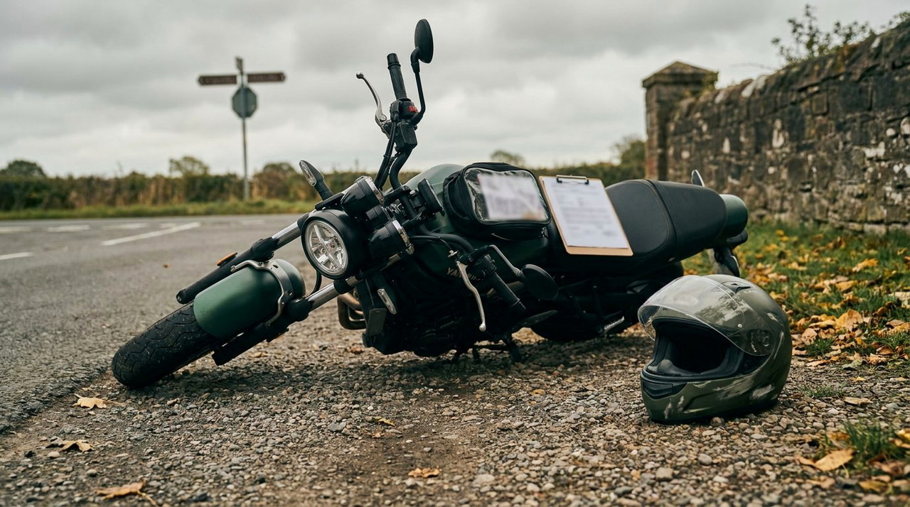 A motorcycle on its side on a road shoulder with a helmet on the asphalt beside it