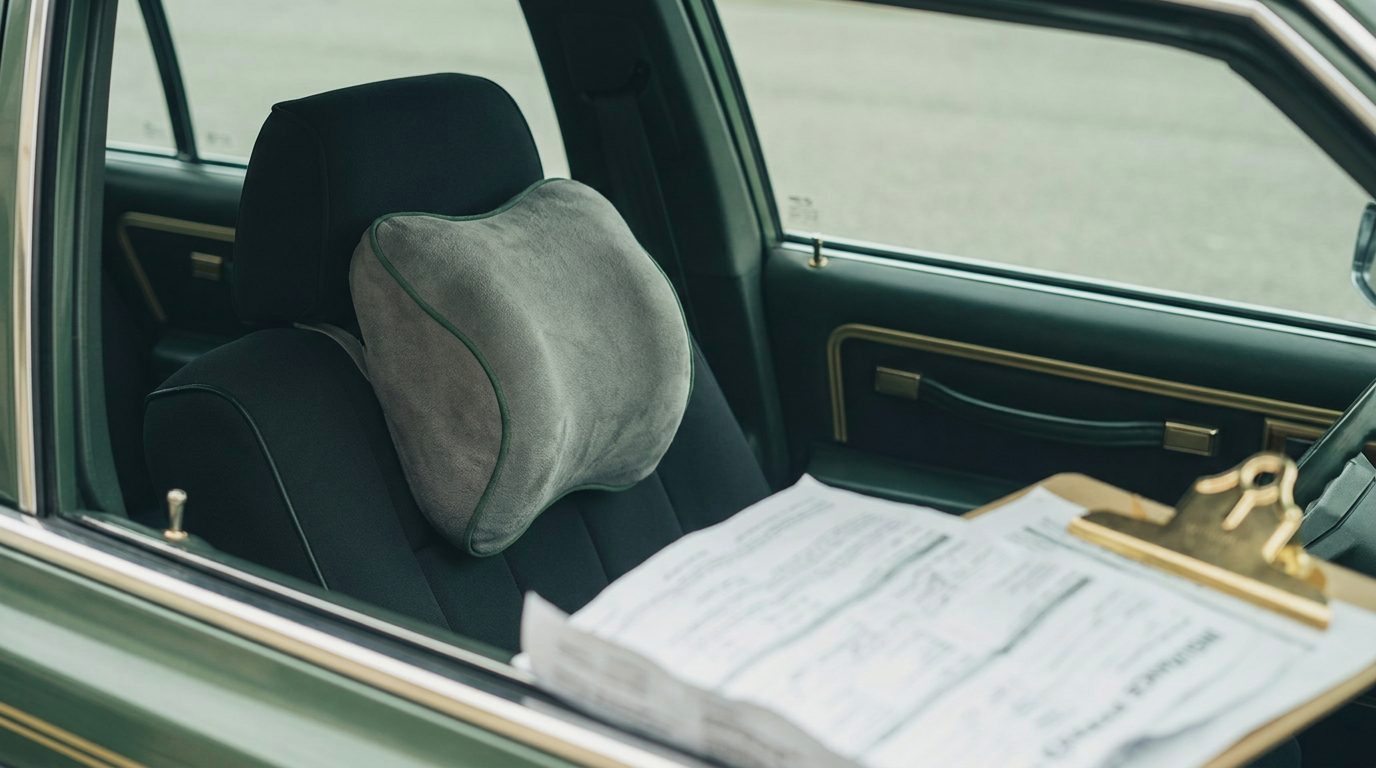 A neck support pillow resting on a car passenger seat