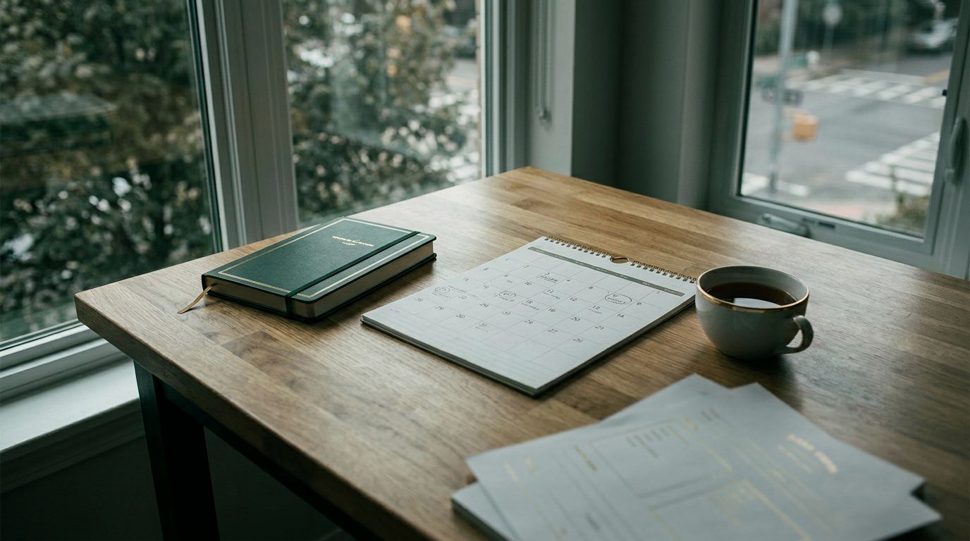 A closed journal and a desk calendar with circled days on a kitchen table