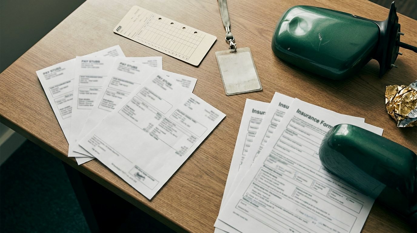 Pay stubs fanned out next to a time card and a work badge