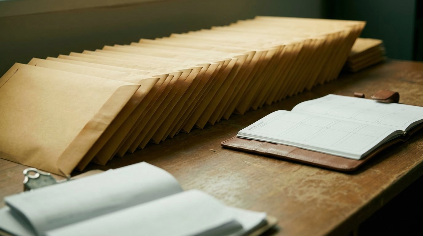 A row of sealed envelopes lined up on a desk beside a year planner