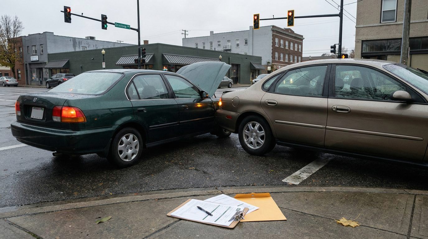 Two cars bumper to bumper on a city street after a low-speed rear-end crash