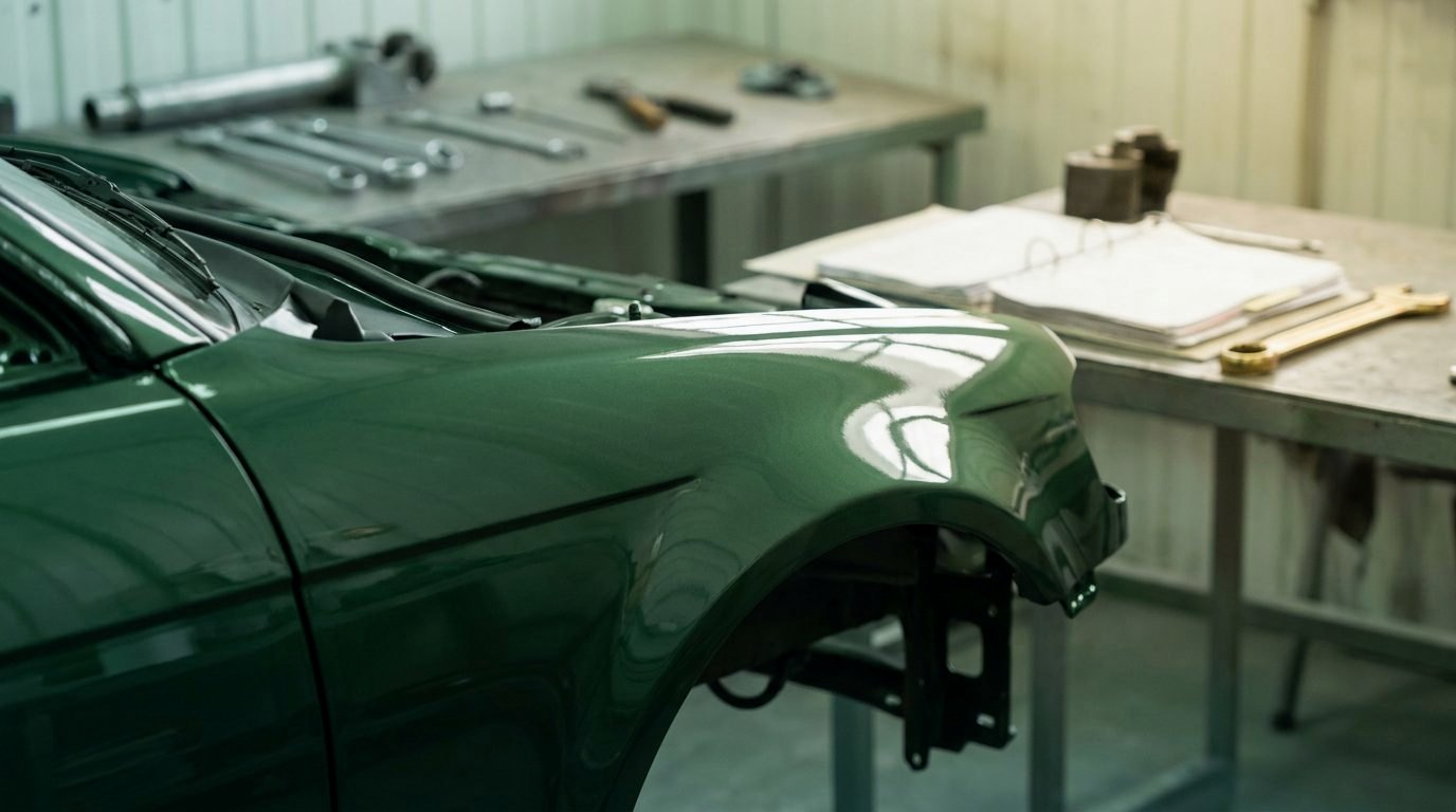 A freshly repainted green car fender in a body shop