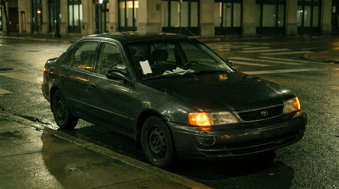 A dark sedan stopped at a city curb at night with hazard lights on
