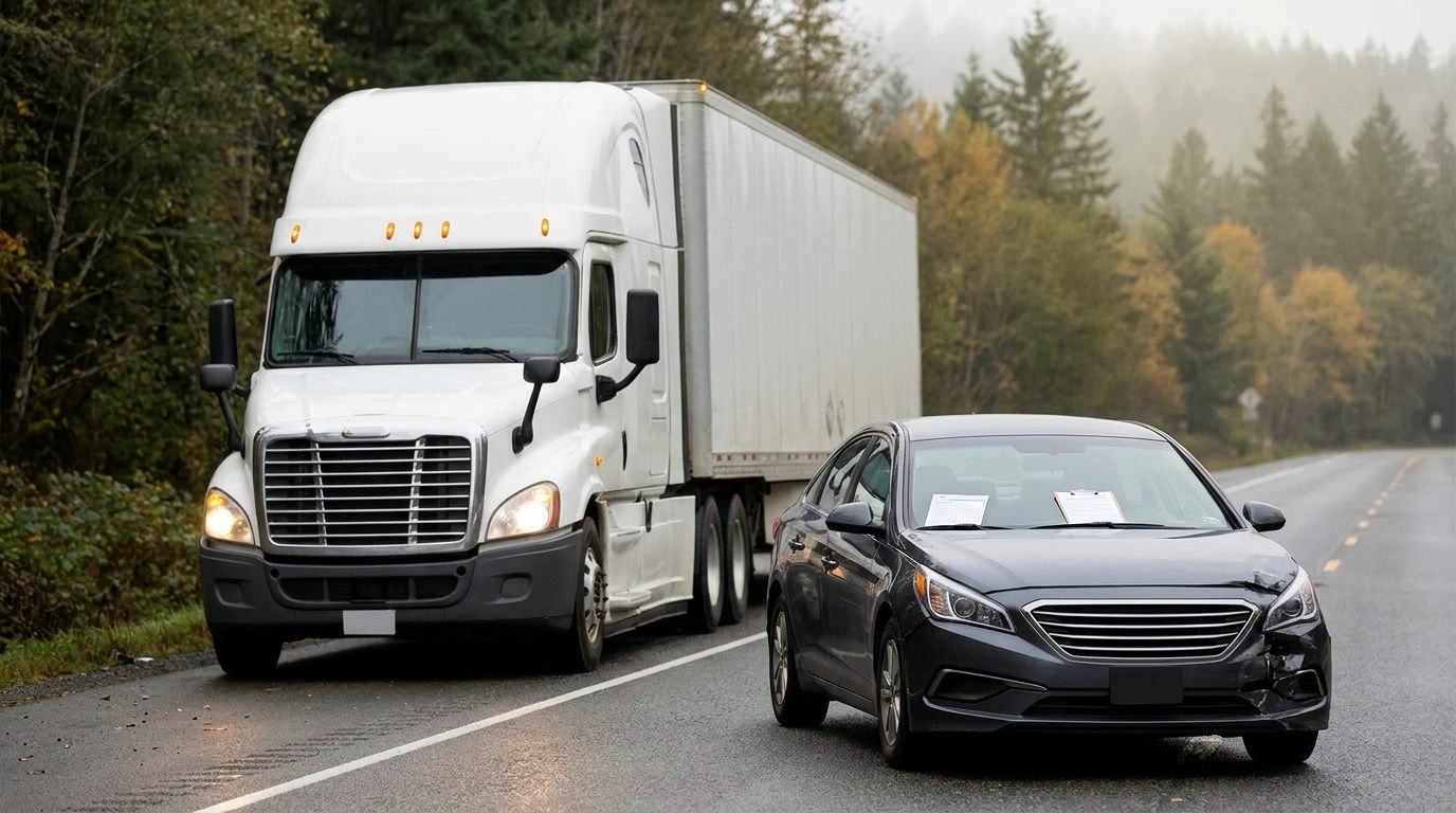 A white semi truck on a highway shoulder with a damaged car pulled over ahead