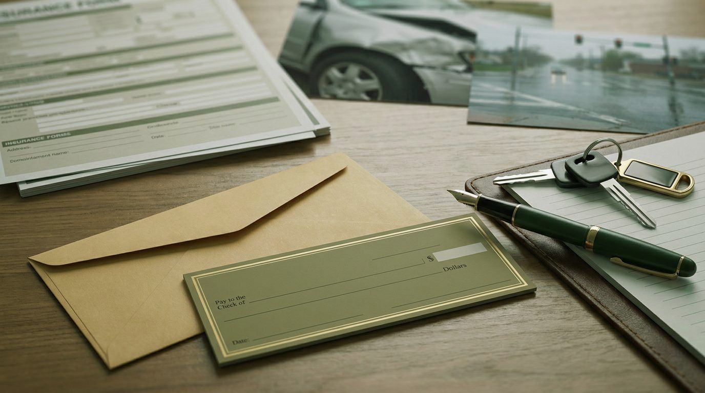 A sealed envelope and a blank check on a desk next to a pen and car keys