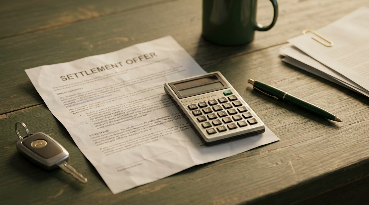 An insurance offer letter, a calculator, a pen and a car key on a kitchen table