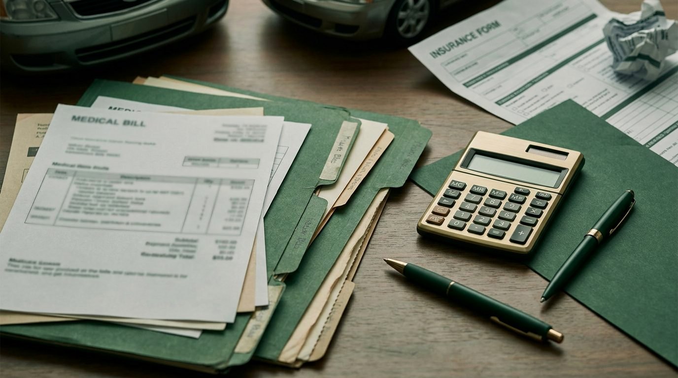Medical bills in green folders beside a calculator and a pen on a desk