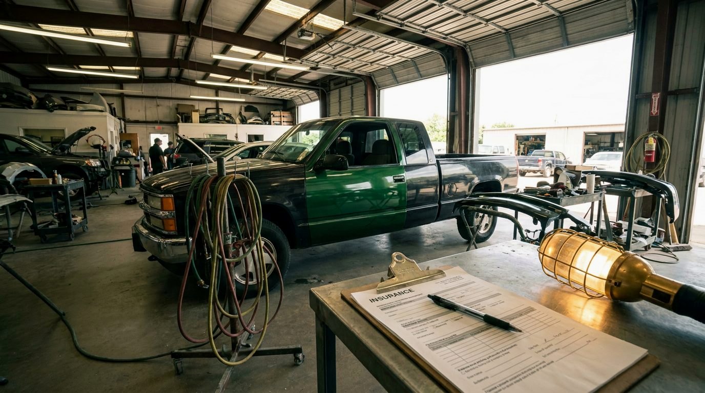 A repaired pickup truck with a freshly painted door inside a body shop bay