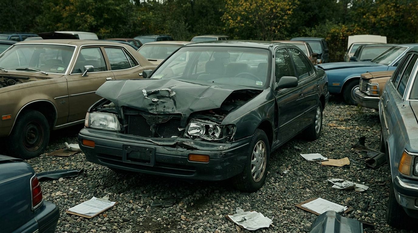 A sedan with a crumpled front end in a gravel salvage yard