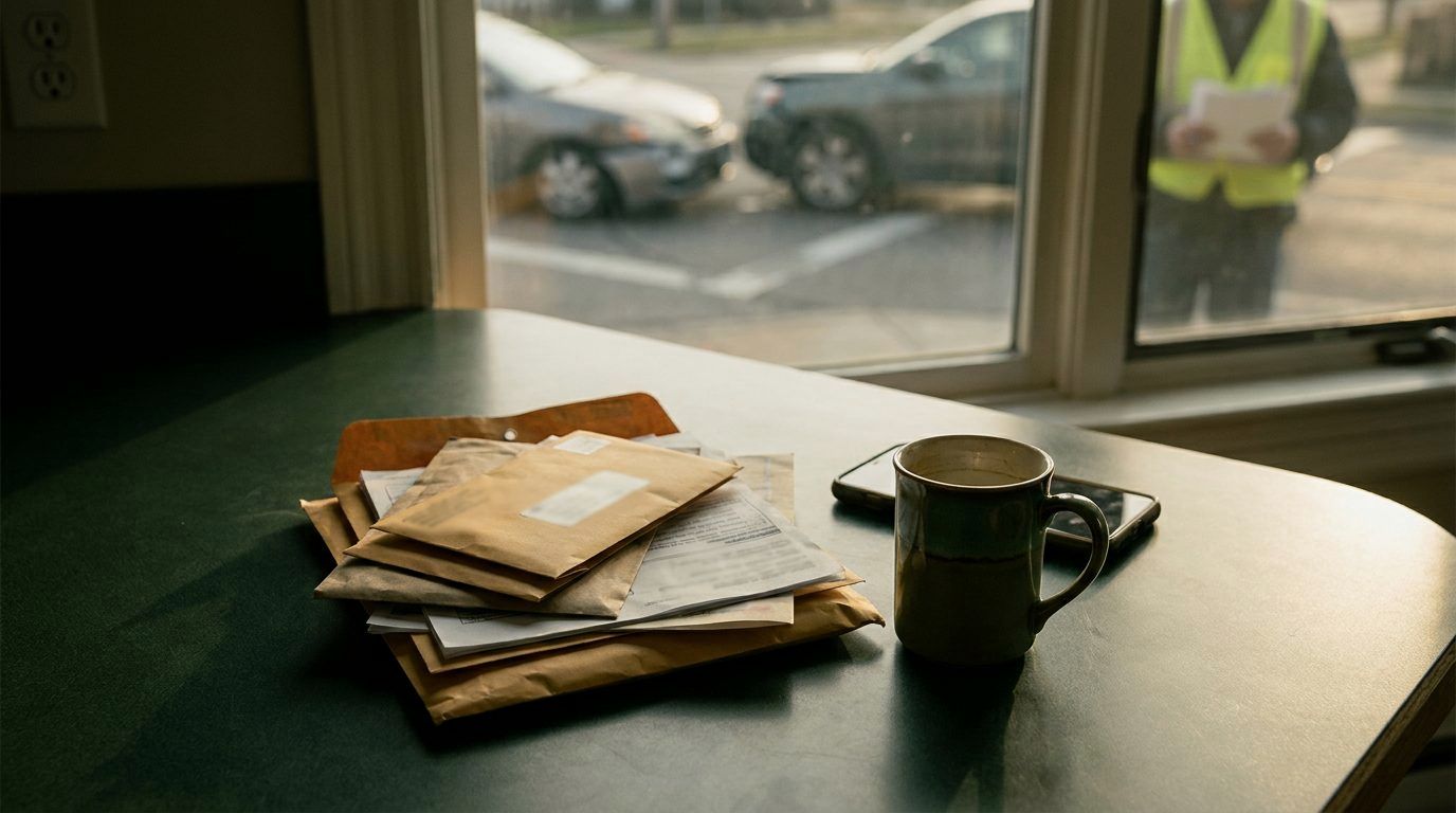 Unopened bills on a kitchen table beside a coffee mug and a phone